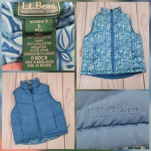 LL Bean Womens Puffer Vest Blue Size S Reversible GOOSE Down Floral Pattern